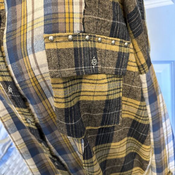 POL Oversized Plaid Patchwork Shirt Stud Detail Tab Sleeve Button Down M - Picture 4 of 10